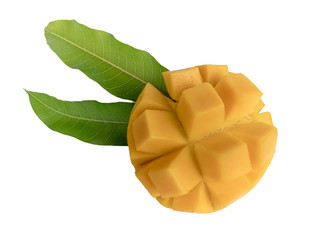 Mango fruit decorated with leaves isolated on white background