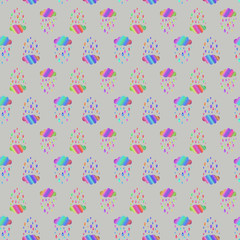 Seamless pattern with motley clouds and raindrops hand-drawn