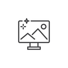 Landscape on monitor outline icon. linear style sign for mobile concept and web design. TV with the picture simple line vector icon. Symbol, logo illustration. Pixel perfect vector graphics