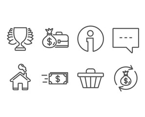 Set of Shop cart, Money transfer and Salary icons. Winner, Blog and Money exchange signs. Web buying, Cash delivery, Sports achievement. Chat message, Cash in bag. Vector