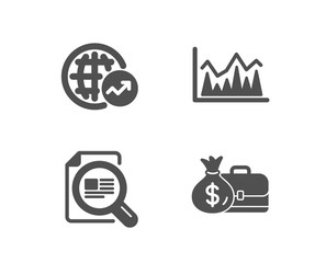 Set of World statistics, Check article and Investment icons. Salary sign. Global report, Magnifying glass, Economic statistics. Diplomat with money bag.  Quality design elements. Classic style. Vector