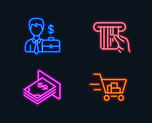 Neon lights. Set of Businessman case, Credit card and Atm money icons. Shopping cart sign. Human resources, Atm payment, Dollar currency. Online buying.  Glowing graphic designs. Vector