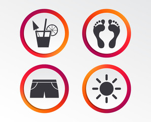 Beach holidays icons. Cocktail, human footprints and swimming trunks signs. Summer sun symbol. Infographic design buttons. Circle templates. Vector