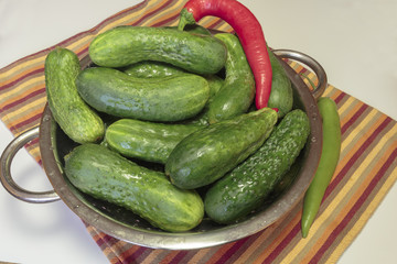 Fresh cucumbers with drops of water in a colander, gherkin as a vegan food.