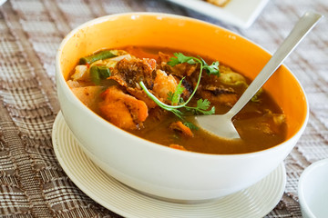 Close up of Creamy Tom Yum Fish Soup, Thai Food.