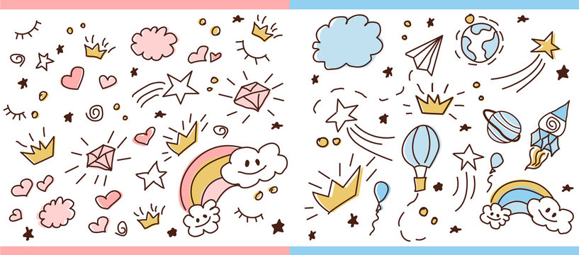Set of doodle seamless pattern. Vector background for little prince and princess. Cute girlish and boyish crown hand drawn illustration. Trendy baby fabric, kid wallpaper. Space?magic, stars and dream
