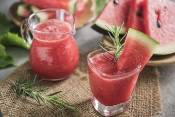 Watermelon drink in glasses with slices of watermelon