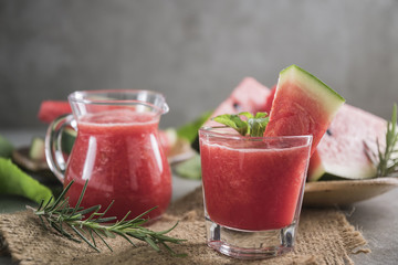 Watermelon drink in glasses with slices of watermelon