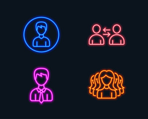 Neon lights. Set of Communication, Businessman and Person icons. Women group sign. Users talking, User data, Edit profile. Lady service.  Glowing graphic designs. Vector