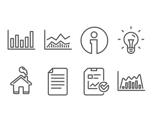 Set of Column chart, File and Trade infochart icons. Report checklist, Idea and Infographic graph signs. Financial graph, Paper page, Business analysis. Sales growth file, Light bulb, Line diagram