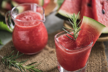 Watermelon drink in glasses with slices of watermelon