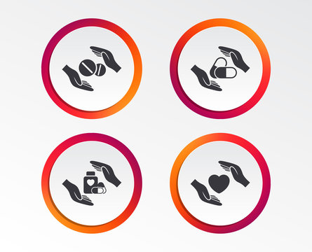 Hands insurance icons. Health medical insurance symbols. Pills drugs and tablets bottle signs. Infographic design buttons. Circle templates. Vector