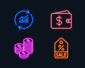 Neon lights. Set of Update data, Coins and Dollar wallet icons. Sale coupon sign. Sales statistics, Cash money, Discount tag.  Glowing graphic designs. Vector