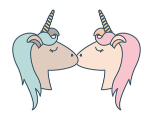 cute unicorns kissing characters vector illustration design