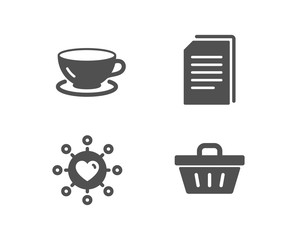 Set of Espresso, Dating network and Copy files icons. Shopping basket sign. Coffee cup, Relationships network, Copying documents. Sale offer.  Quality design elements. Classic style. Vector