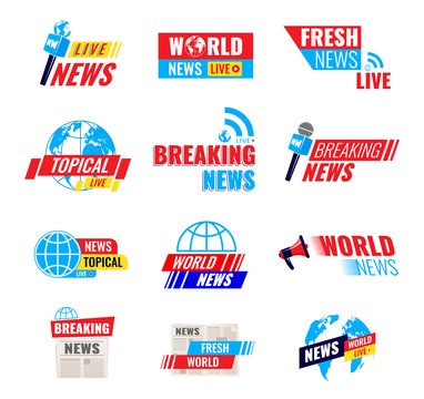 Set logos, logotypes, fresh live news broadcast, social media emblems.