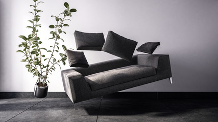 Black sofa and potted plant floating in the air - obrazy, fototapety, plakaty