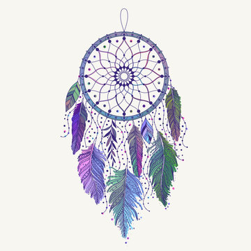 Hand drawn dreamcatcher with colored feathers
