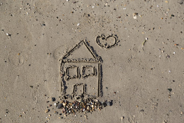real estate and mortgage invesment . house drawn on sand