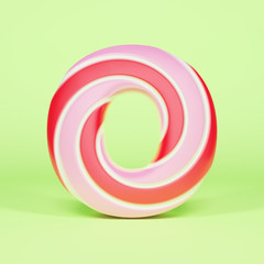 Alphabet letter O uppercase. Christmas font made of pink and red striped lollipop. 3D render on green background.