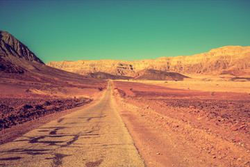 Road in a desert among mountains. The road to Timna Park near Eilat, Israel