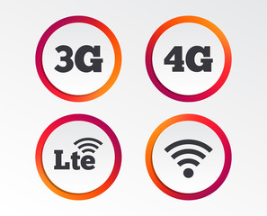 Mobile telecommunications icons. 3G, 4G and LTE technology symbols. Wi-fi Wireless and Long-Term evolution signs. Infographic design buttons. Circle templates. Vector