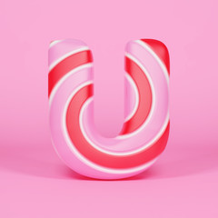 Alphabet letter U uppercase. Christmas font made of pink and red striped lollipop. 3D render on pink background.