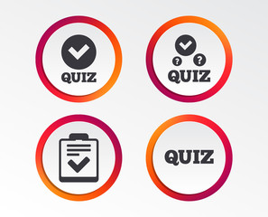 Quiz icons. Checklist with check mark symbol. Survey poll or questionnaire feedback form sign. Infographic design buttons. Circle templates. Vector