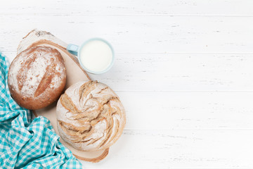 Homemade crusty bread and milk