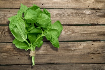 Fototapeta premium Basil leaves on wooden background