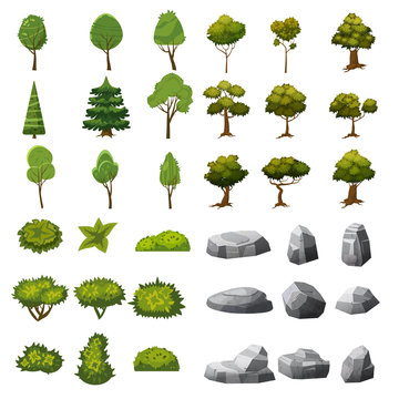 A set of stones, trees and bushes of landscape elements for the design of the garden, park, games and applications. Vector Graphics, cartoon style, isolated