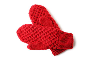 Knitted red gloves isolated on white background