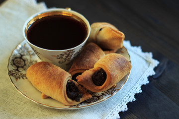 Coffee and cake. Selective focus. Close-up.