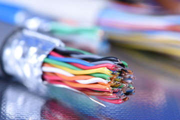 Telecommunication multicolored cable close-up
