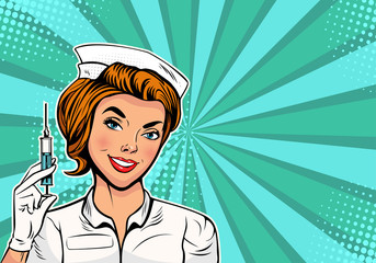 Beautiful nurse with a syringe for vaccination. Medicine and health care. Pop art retro vector illustration