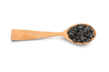 Wooden spoon with dried barberry on white background. Different spices