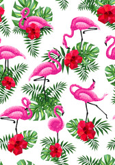 Obraz premium flamingo pink hibiscus monstera palm leaves low-polygonal triangulation pattern EPS 10
