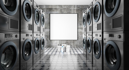Mock-up in a laundry with rows of washing machines, 3d render - obrazy, fototapety, plakaty