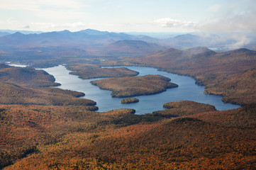 Lake Placid view from top of Whiteface Mountain in fall, Adirondack Mountains, New York State, USA