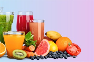 Fresh ripe healthy fruits and juices