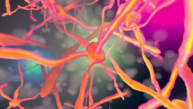3D rendered Animation of signals firing through a accelerated neural network with neuron  cells under the influence of drugs.
