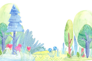 modèle avec dessin animé décoratif, forêt mignonne, arbres aquarelles, pelouse, fleurs isolés sur fond blanc