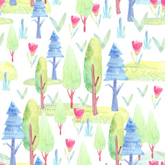 Seamless pattern with decorative cartoon cute forest, trees watercolor, lawn, flowers, grass, spruce