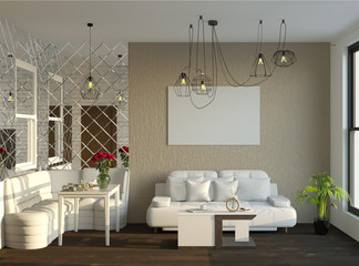 3d rendering of contemporary living room with dining area