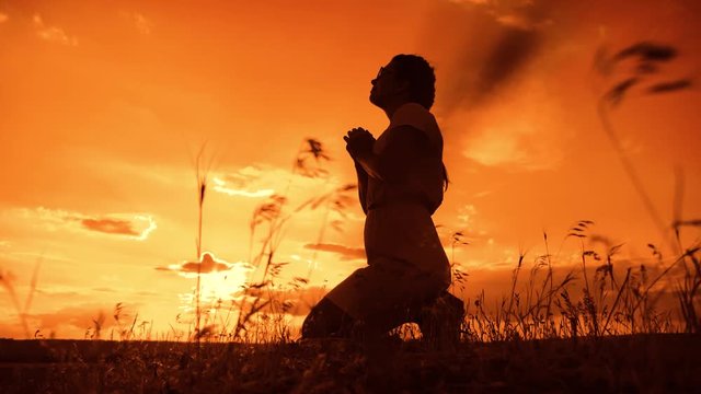 the girl prays. Girl folded her hands in prayer silhouette at sunset. slow motion video. Girl folded her hands in prayer pray to God. girl praying asks forgiveness for sins of repentance lifestyle