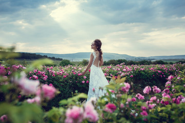 Beautiful woman in a floral park, garden roses. Makeup, hair, a wreath of roses.