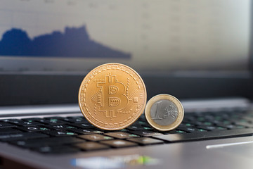 Bitcoins and euro at the laptop with the price chart image