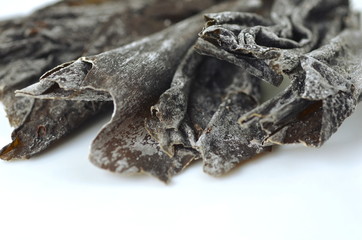 Detail close up of a sea salt covered dried kelp seaweed on white with copy space