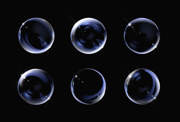 Realistic transparent soap bubble on black background. Soap Bubble set with glares. Bubbles illustration vector.