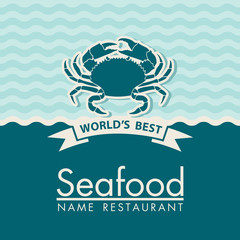seafood menu design with crab for restaurant on blue background